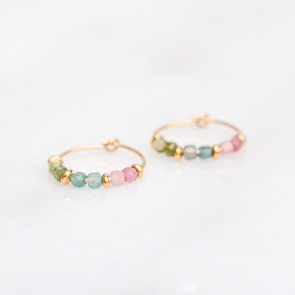 Natural Multicoloured Tourmaline Mini Gold Hoops October Birthstone Valentines Day Gift Idea for Women