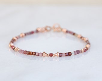 Faceted Natural Red Spinel and Rose Gold Karen Hill Tribe Nugget Bead Mini Cube Bracelet Holistic Jewellery Gift Idea for Women