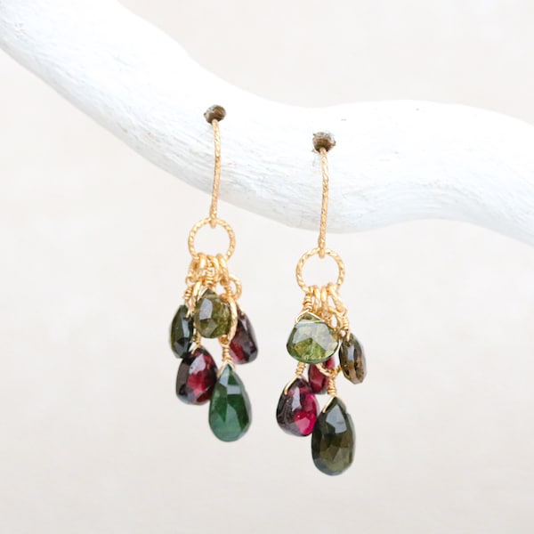Christmas Shades Faceted Tourmaline and Garnet Teardrop Gemstones with 14 Carat Gold  Fill Hammered Links Earrings Birthstone Gift Idea