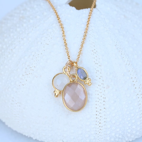 Hand cut Faceted Moonstone, Sunstone and Labradorite Gold Charm Ladies Necklace October Birthstone Bridesmaid Gift Idea for Girls