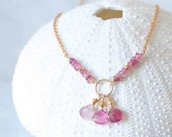 Handmade Faceted Teardrop Watermelon Pink Tourmaline Gold Necklace October Birthstone Gift Idea for Women Pink Ribbon Charity