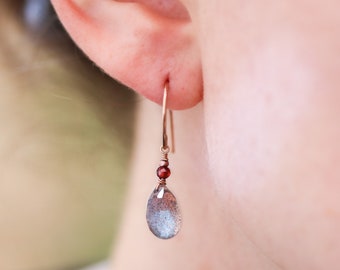 Handcrafted Rose Gold, Labradorite and Garnet Teardrop Gemstone Earrings with Modern Minimalist Design for WomenValentines Day Gift Idea