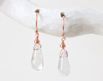 Natural Clear Quartz Drop Earrings with Karen Hill Tribe Rose Gold Nugget Beads Handmade in Paris April Birthstone Gift Idea for Girls