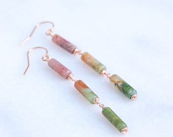 Handmade Natural Indian Agate Rose Gold Fill Earrings in Watermelon Shades of Green and Pink Unique Gift Idea For Girls