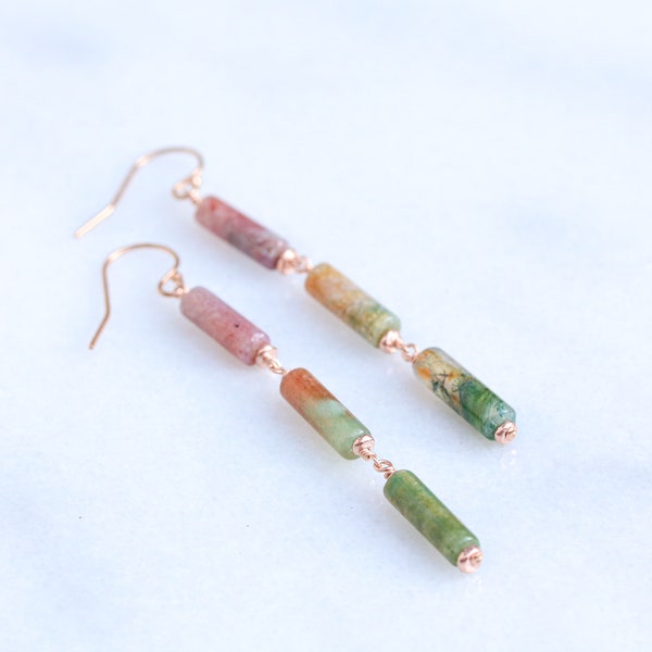 Handmade Natural Indian Agate Rose Gold Fill Earrings in Watermelon Shades of Green and Pink Unique Gift Idea For Girls