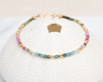 Faceted Natural Tourmaline and Gold Karen Hill Tribe Bead Mini Cube Bracelet October Birthstone Gift Idea for Women