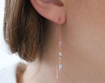 Handmade Natural Indian Agate Threader Earrings in Pastel Shades Unique Gift Idea For Girls in Gold Fill, Rose Gold Fill or Sterling Silver
