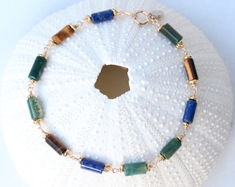 Oversize Lapis Lazuli Agate Gold Fill Chain Bracelet Karen Hill Tribe Beads Dainty Gift Idea for Ladies Birthday Present Mothers Day Idea