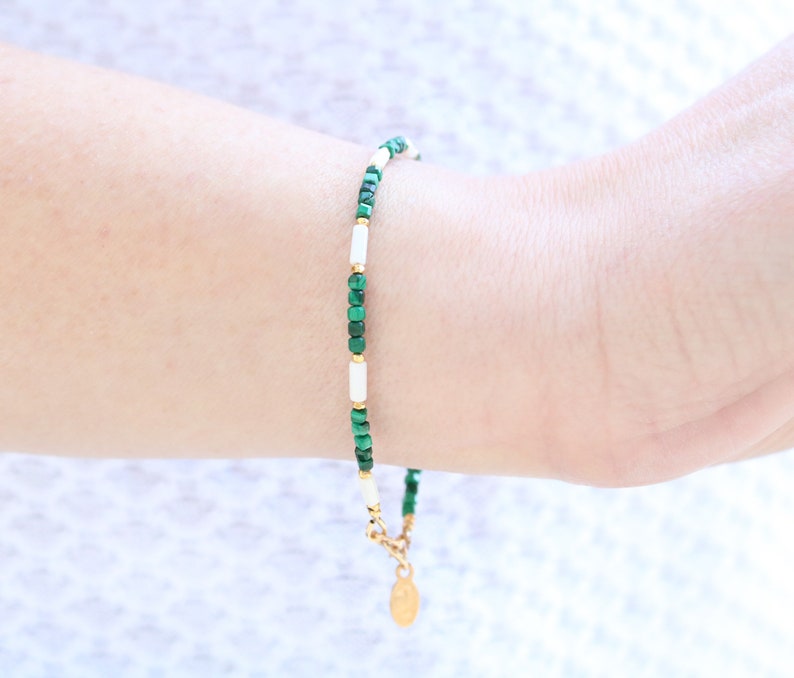 Striking Malachite and Natural White Sea Bamboo 14 carat Gold Filled Bracelet Gift Idea for Women image 4