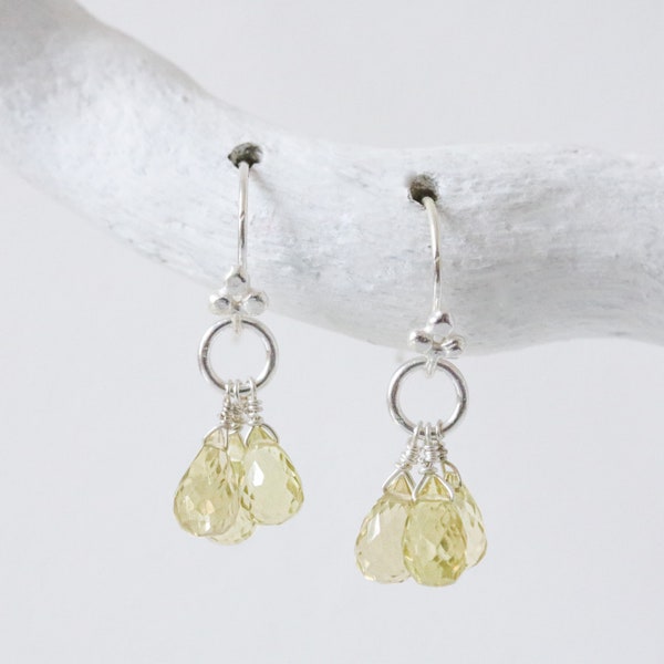 Delicate Hand Cut Faceted Olive Quartz Solid Silver Drop Earrings Unusual Design Handmade in France Gift Idea for Girls