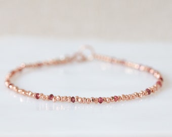 Unique Karen Hill Tribe Rose Gold Vermeil Nugget Bead and Faceted Sapphire Stacking Bracelet Gift Idea for Women Handmade in Paris