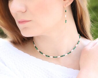 Stunning Malachite and White Sea Bamboo Gold Vermeil Necklace Gemstone Choker Unique Handmade Gift Idea for Women