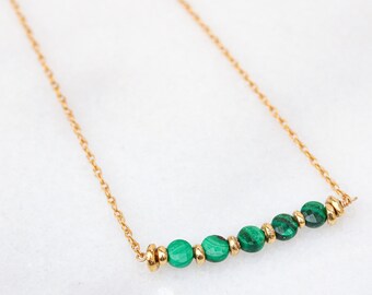 Natural Malachite Coin Gemstone Bar 14ct Gold Fill Horizontal Necklace with Extender Chain for Perfect Fit Unique Gift Idea for Women