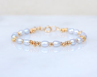 Natural Freshwater Pale Grey Pearl Gold Vermeil 14 Carat Nugget Bead Bracelet June Birthstone Gift Idea Wedding Jewellery for Girls