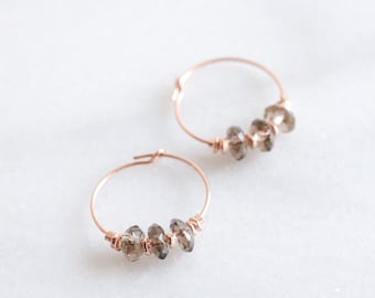 Natural Faceted Smoky Quartz Rose Textured Gold Hoops Scorpio Birthstone Unique Valentine’s Day Gift Idea for Women