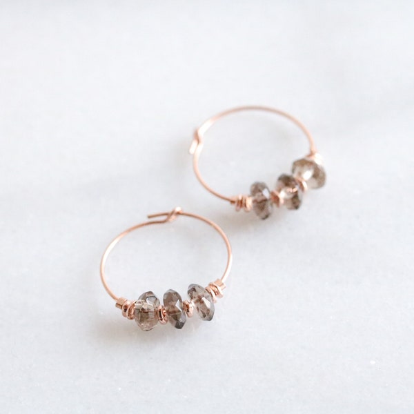 Natural Faceted Smoky Quartz Rose Textured Gold Hoops Scorpio Birthstone Unique Valentine’s Day Gift Idea for Women