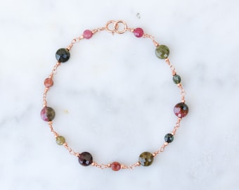 Delicate Rose Gold and Watermelon Tourmaline Faceted Coin Bracelet October Birthstone Valentines Day Gift Idea for Ladies