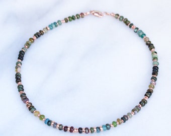 Tourmaline Green and Blue Colours Heishi Style Rose Gold Necklace Surfer Inspired Choker Fine Jewellery Ladies Gift Idea