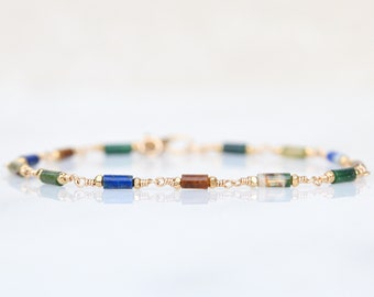 Delicate Lapis Lazuli Agate Gold Fill Chain Bracelet Karen Hill Tribe Beads Dainty Gift Idea for Ladies Birthday Present Mothers Day Idea