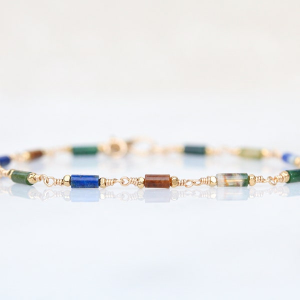 Delicate Lapis Lazuli Agate Gold Fill Chain Bracelet Karen Hill Tribe Beads Dainty Gift Idea for Ladies Birthday Present Mothers Day Idea