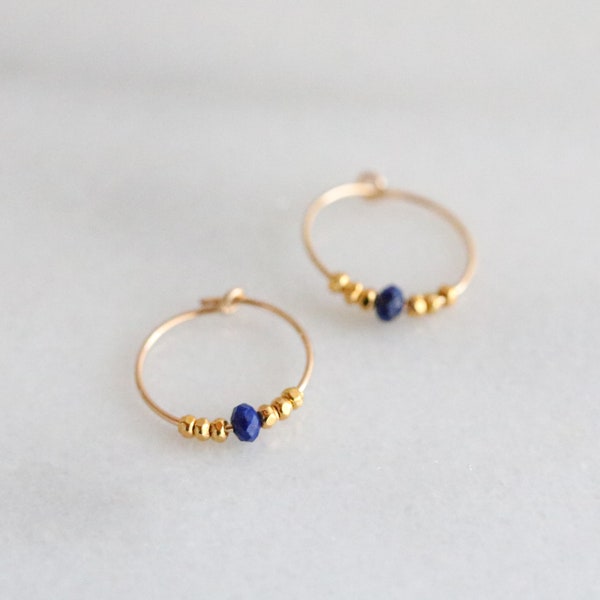 Natural Faceted Lapis Lazuli Mini Gold Hoops September Birthstone Valentines Day Gift Idea for Women