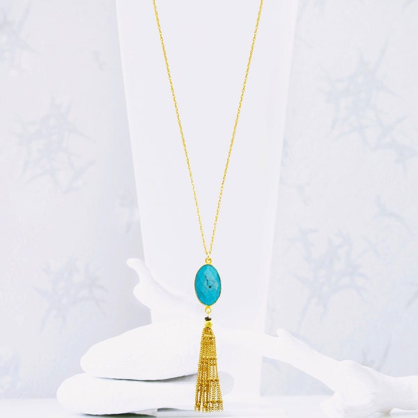 Turquoise Tassel Necklace, 14kt Gold Filled, Turquoise, Boho, Coachella, Salt Bijoux, Boho Chic, Elegant, Bridesmaid Gifts