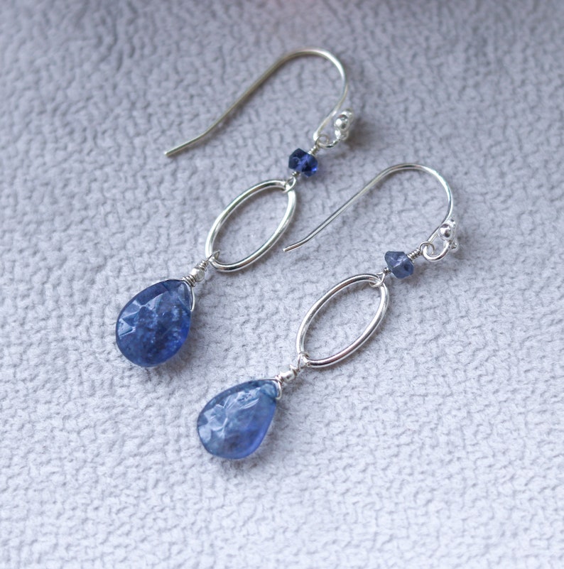 Solid Silver Hand Cut Faceted Iolite Drop Earrings Modern Design Handmade in France Gift Idea for Girls image 4