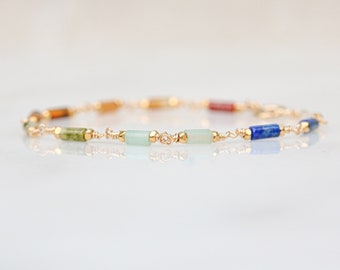 Delicate 7 Chakra Gold Fill Chain Bracelet Karen Hill Tribe Beads Dainty Gift Idea for Ladies Birthday Present Mothers Day Idea