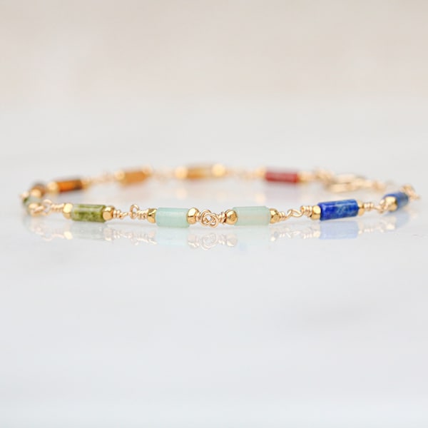 Delicate 7 Chakra Gold Fill Chain Bracelet Karen Hill Tribe Beads Dainty Gift Idea for Ladies Birthday Present Mothers Day Idea