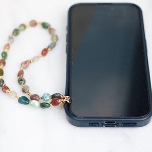 Natural Gemstone Phone Charm – Handmade Indian Agate Beaded Wrist Strap with Gold Vermeil Accents – Luxury Beaded Phone Lanyard