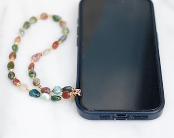 Indian Agate Phone Charm: Gold Vermeil Beaded Phone Lanyard, Handmade in France