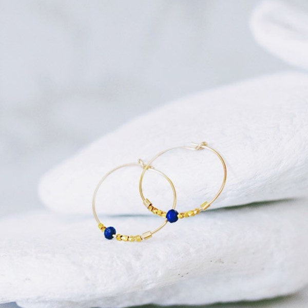 Striking Gold Fill 14ct Lapis Lazuli Medium Hoop Earrings September Birthstone Gift Idea