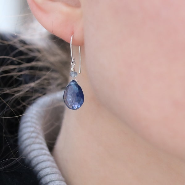 Striking Faceted Iolite Gemstones and Sterling Silver Modern Drop Earrings Handmade in Paris Valentines Day Gift Idea for Girls