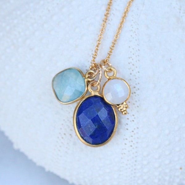 Hand cut Faceted Moonstone, Lapis Lazuli and Aqua Chalcedony Gold Charm Ladies Necklace October Birthstone Bridesmaid Gift Idea for Girls