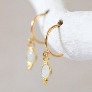 Dainty Mini Faceted Moonstone Bezel Set Gold Vermeil Huggie Hoop Earrings Unique Stocking Filler Christmas Gift Idea for Ladies image 4