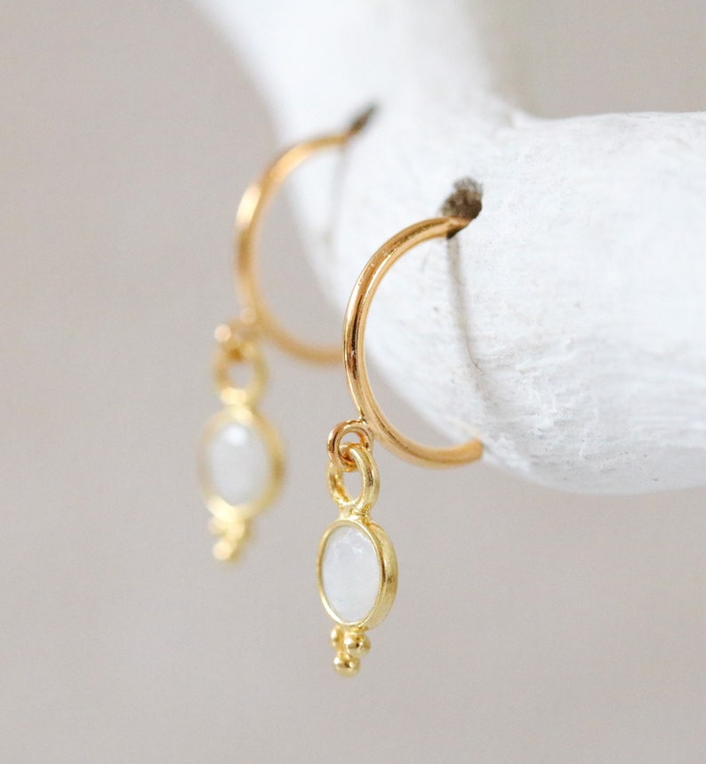 Dainty Mini Faceted Moonstone Bezel Set Gold Vermeil Huggie Hoop Earrings Unique Stocking Filler Christmas Gift Idea for Ladies image 4