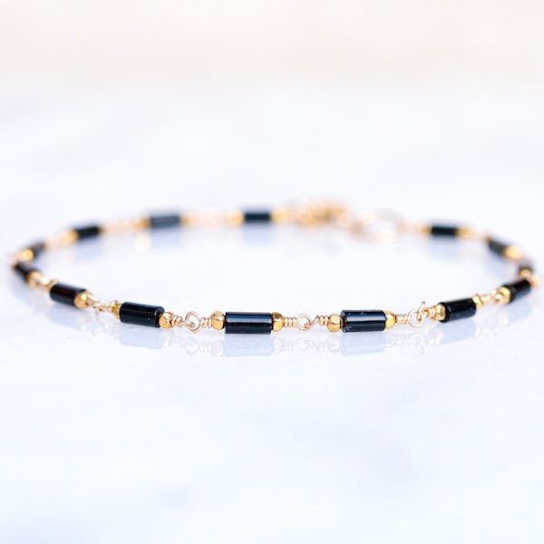 Striking Black Agate Gold Karen Hill Tribe Bead Chain Bracelet Dainty Christmas Gift Idea for Ladies Stocking Filler