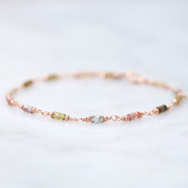 Delicate Fall Shades of Indian Agate Rose Gold Filled Chain Bracelet Dainty Gift Idea for Ladies