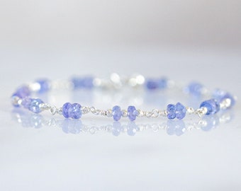 Delicate Natural Tanzanite Faceted Rondelles Purple Sterling Silver Chain Bracelet Dainty Valentines Day Gift Idea December Birthstone Girls