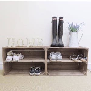 Shoe Rack 2 x Wooden Apple Crates , Rustic, Handmade, Vintage Style Display Shelf, farmhouse Chic stackable shoe storage solution image 7