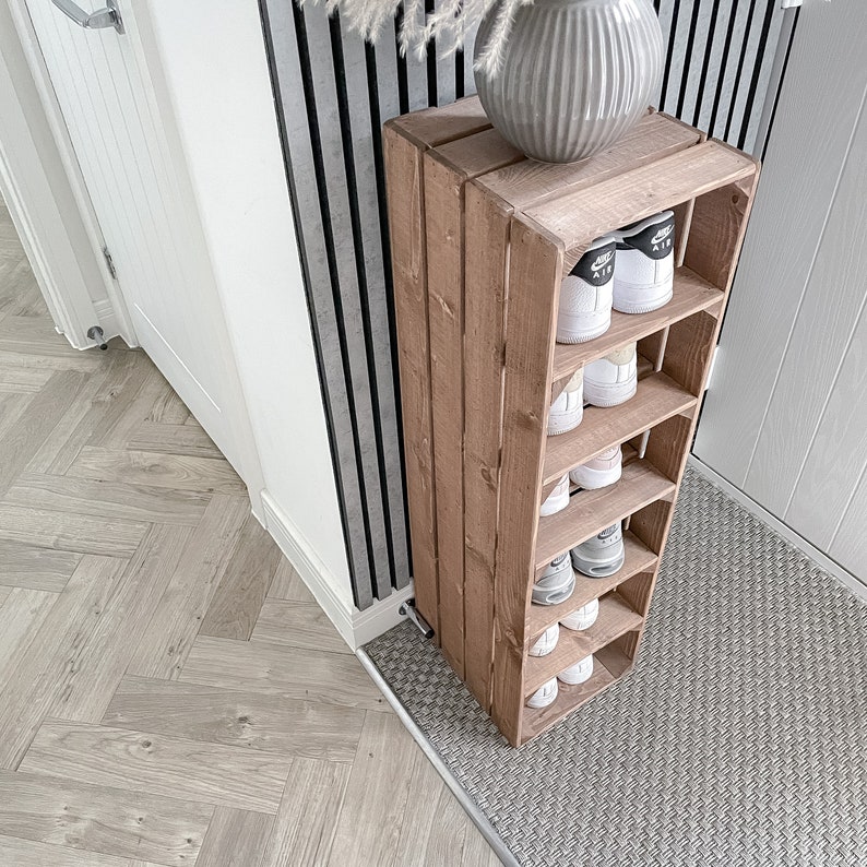 Tall SHOE RACK Various sizes, wooden rustic apple crate shoe rack, narrow and tall shoe storage extra depth Stained