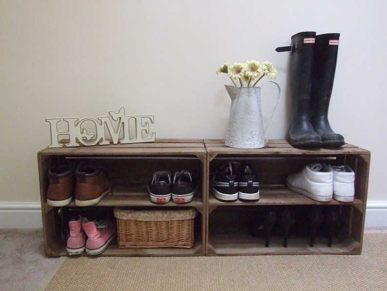 Shoe Rack 2 x Wooden Apple Crates , Rustic, Handmade, Vintage Style Display Shelf, farmhouse Chic stackable shoe storage solution image 6