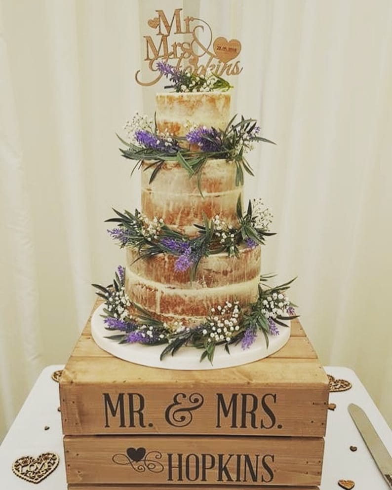 Personalised Rustic Wedding Cake Stand, 2 DESIGNS AVAILABLE Vintage Wedding Wooden Apple Crate Cake Stand Capital font