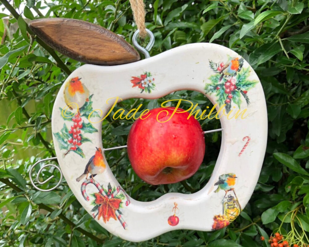 Wooden Apple Feeder Decoupage Bird Feeder Outdoors Garden Etsy