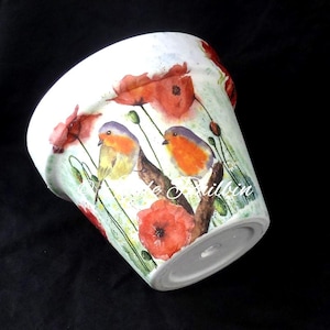 decoupaged flower pot,outdoor planter, decoupaged robin,robin flower pot,christmas robin gift,robin planter,robin plant pot,robins appear