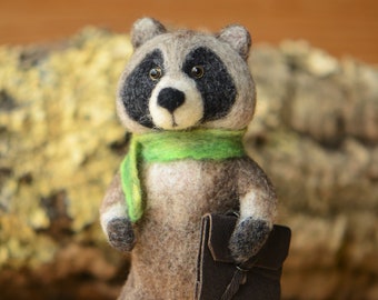 Little needlefelted toy Business Raccoon, Handmade wool little sculpture Raccoon