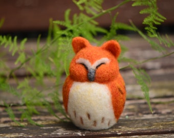 Needle felted toy Orange Owl, Handmade little wool sculpture Sleeping Red Owl