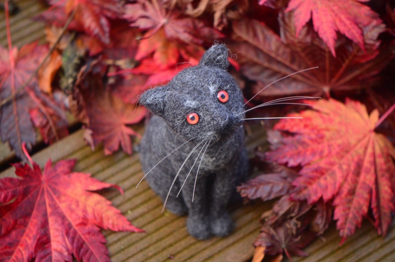 Needle felted toy Halloween Black Cat with red eyes, Small wool toy Black Cat, Handmade Wool Sculpture by Homaaxel image 1