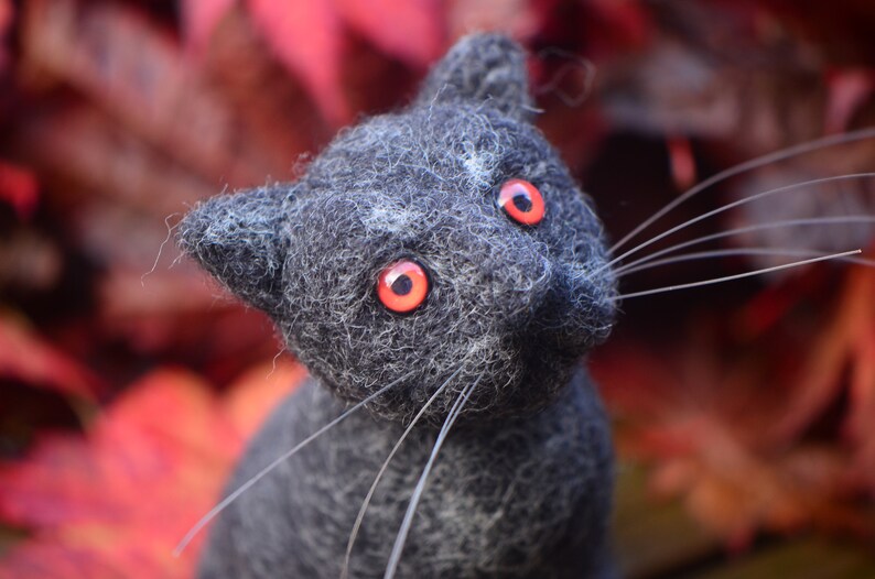 Needle felted toy Halloween Black Cat with red eyes, Small wool toy Black Cat, Handmade Wool Sculpture by Homaaxel image 9