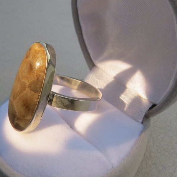 Petoskey Stone Ring size 10 Michigan Handmade Custom Ring Sterling Silver Greenstone